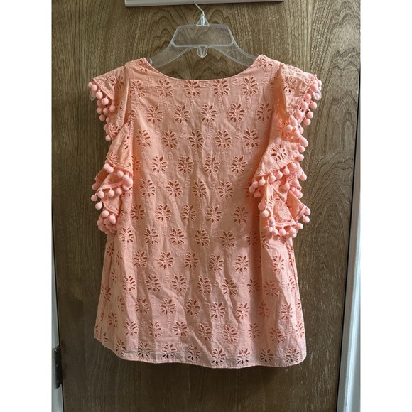 Lilly Pulitzer Astara Top Peach Flamingo Orange Palm Tree Eyelet Pom-Poms XXS - Picture 2 of 10